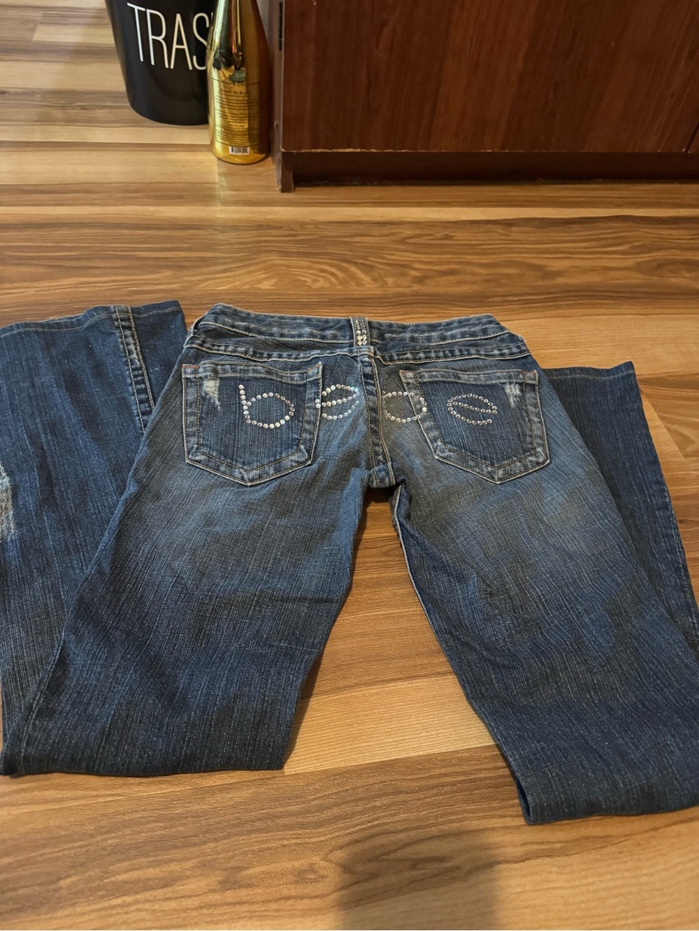 bebe Dark Blue Bootcut Jeans with Rhinestone Back Pockets